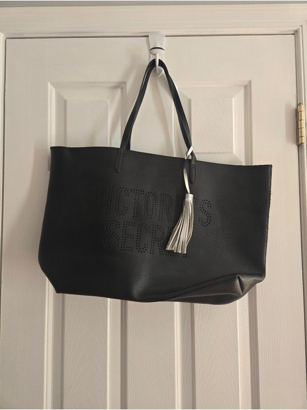 Victoria’s Secret Black Reversible Oversized Tote Bag Gray Interior Tassels
